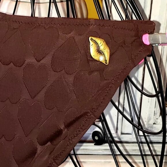 Vintage Betsey Johnson Bikini Pink 3D Rose Brown Hearts Fabric Swimsuit Size L M - Picture 11 of 14